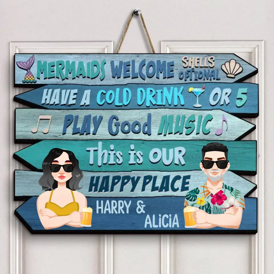 Personalized Custom Door Sign - Anniversary Gift For Couple - Mermaid Welcome Shells Optional Have A Cold Drink Or 5 Summer Vacation