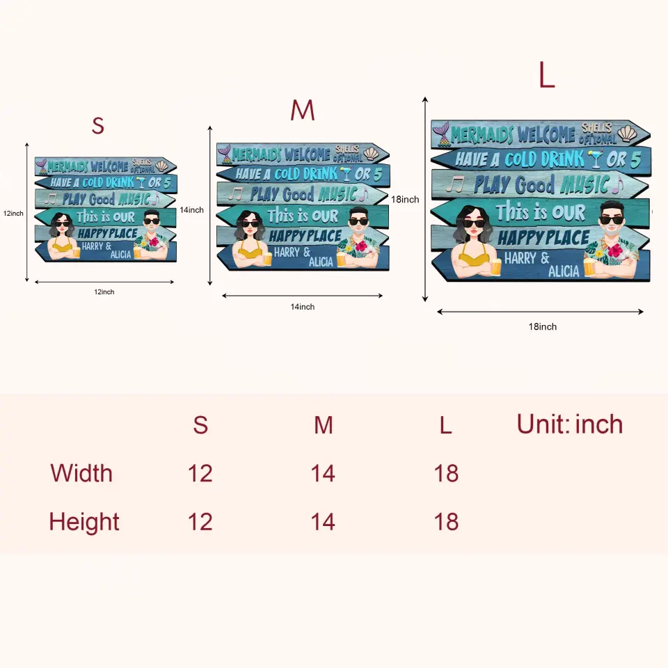 Personalized Custom Door Sign - Anniversary Gift For Couple - Mermaid Welcome Shells Optional Have A Cold Drink Or 5 Summer Vacation