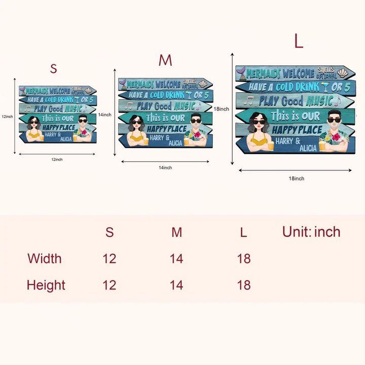 Personalized Custom Door Sign - Anniversary Gift For Couple - Mermaid Welcome Shells Optional Have A Cold Drink Or 5 Summer Vacation