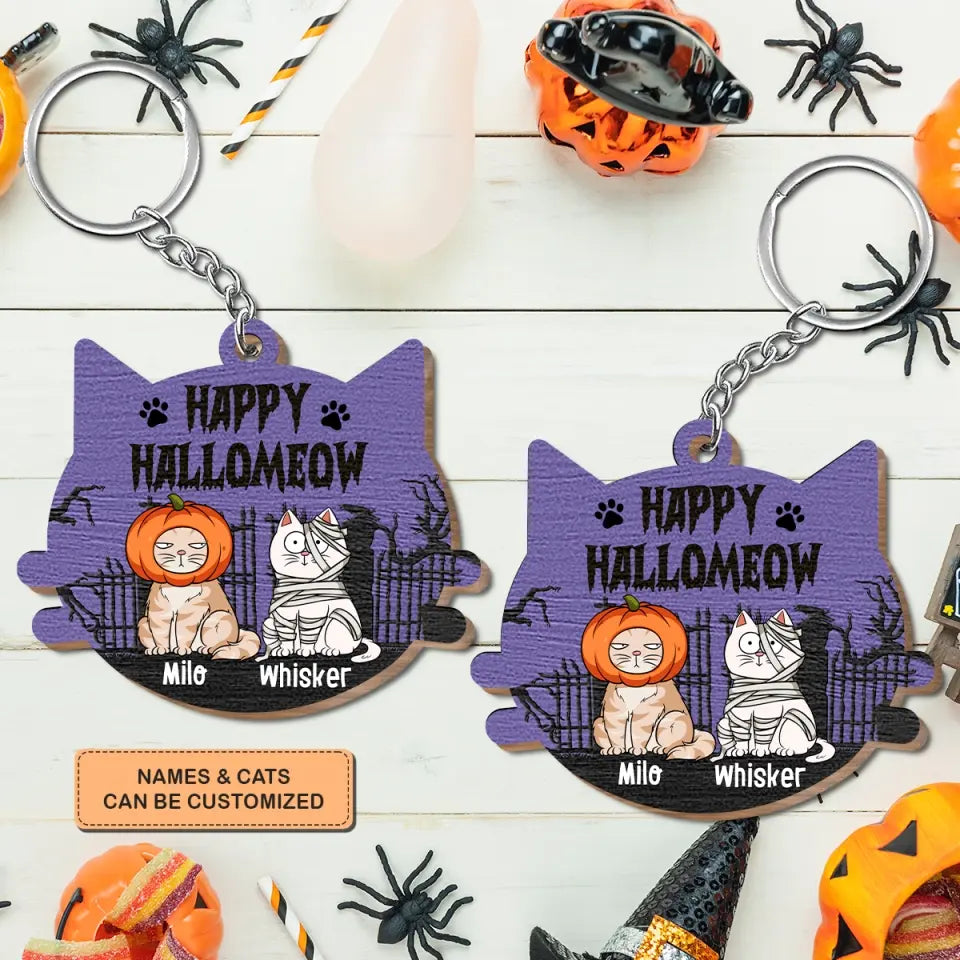 Happy Hallomeow Halloween - Personalized Custom Wooden Keychain - Halloween Gift For Cat Mom, Cat Dad, Cat Lover, Cat Owner