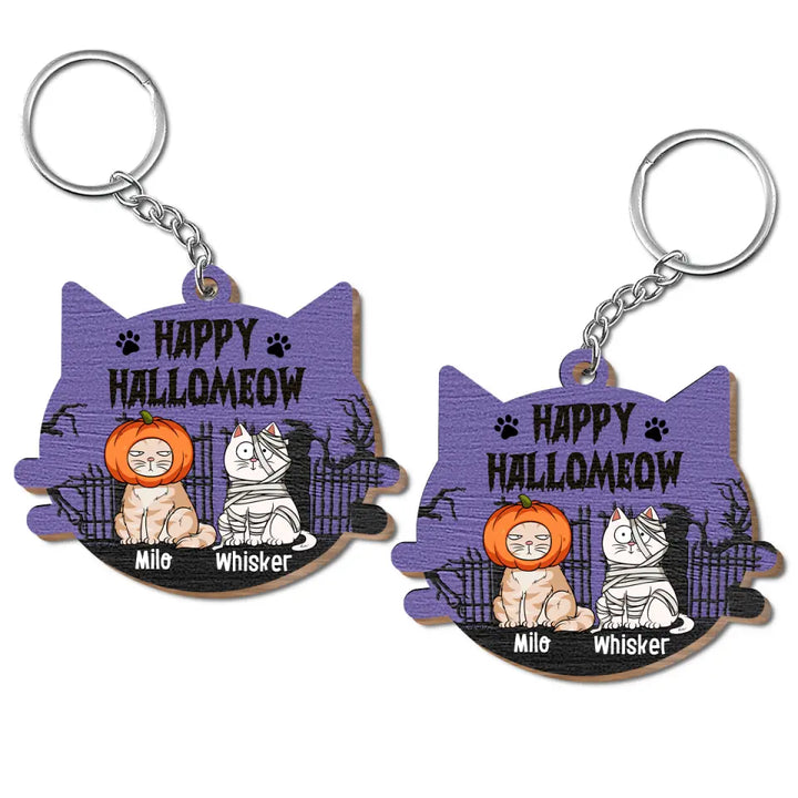 Happy Hallomeow Halloween - Personalized Custom Wooden Keychain - Halloween Gift For Cat Mom, Cat Dad, Cat Lover, Cat Owner
