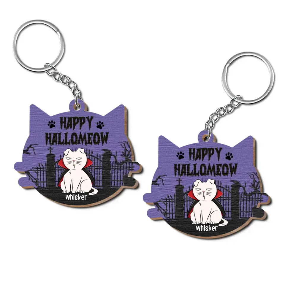 Happy Hallomeow Halloween - Personalized Custom Wooden Keychain - Halloween Gift For Cat Mom, Cat Dad, Cat Lover, Cat Owner