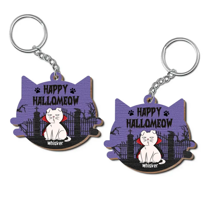Happy Hallomeow Halloween - Personalized Custom Wooden Keychain - Halloween Gift For Cat Mom, Cat Dad, Cat Lover, Cat Owner