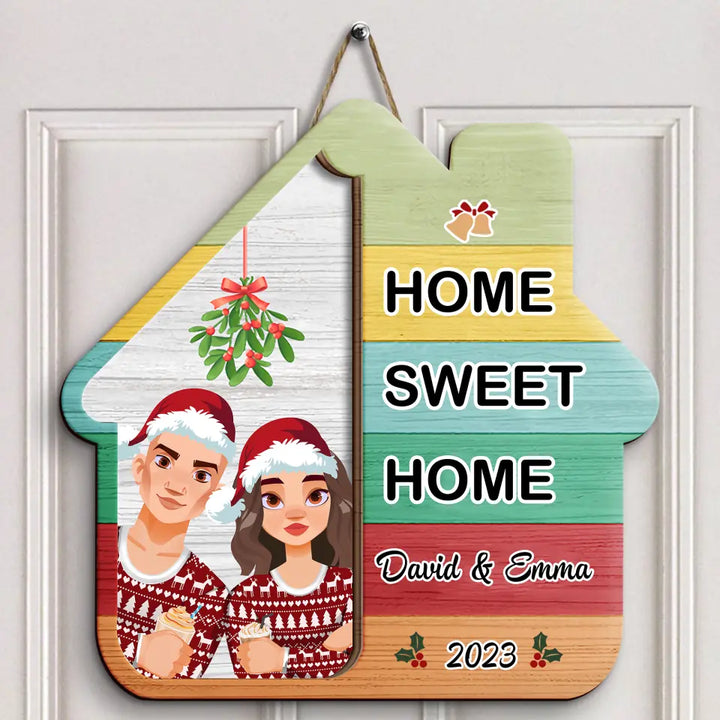 Home Sweet Home Christmas - Personalized Custom Door Sign - Christmas Gift For Couple, Wife, Husband