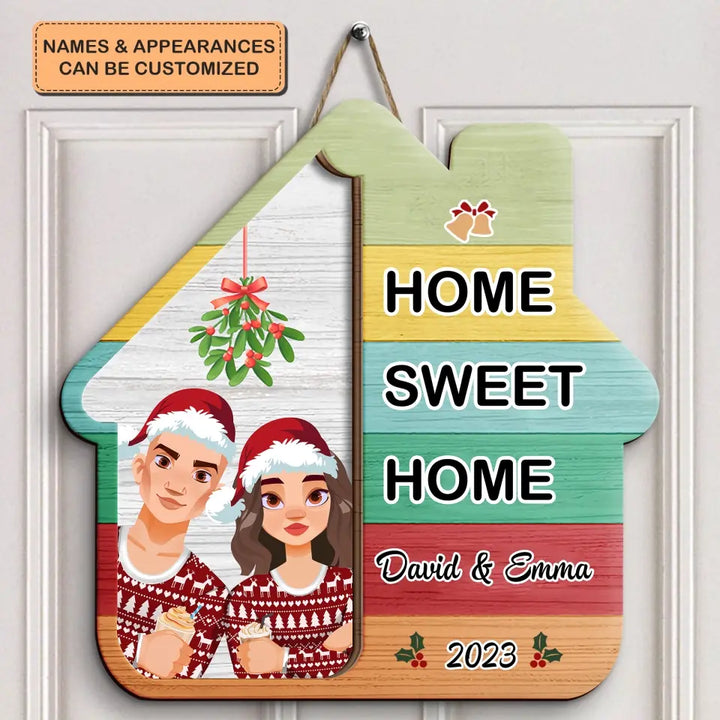 Home Sweet Home Christmas - Personalized Custom Door Sign - Christmas Gift For Couple, Wife, Husband