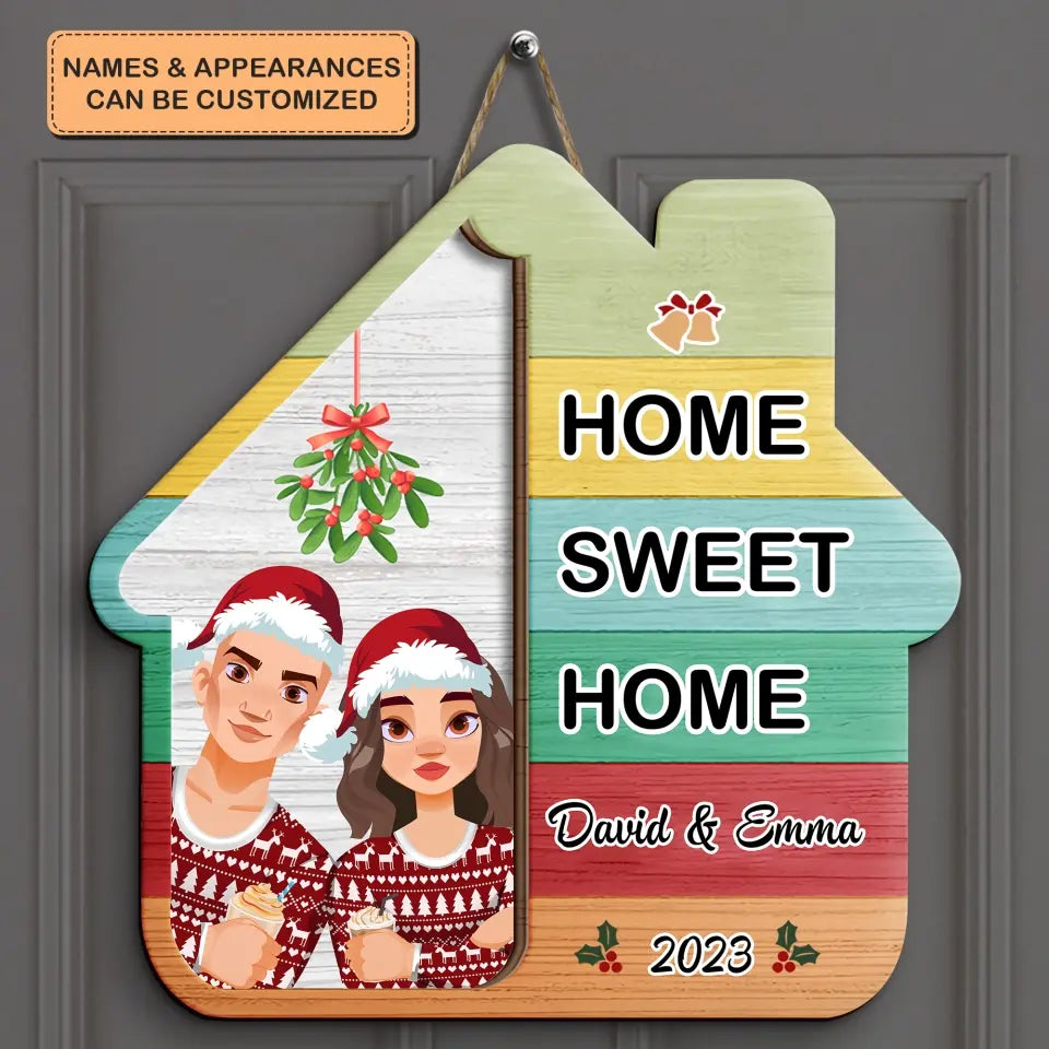 Home Sweet Home Christmas - Personalized Custom Door Sign - Christmas Gift For Couple, Wife, Husband