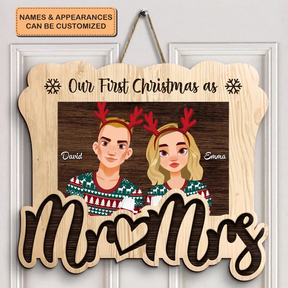 Our First Christmas As Mr & Mrs - Personalized Custom Door Sign - Christmas Gift For Couple, Wife, Husband