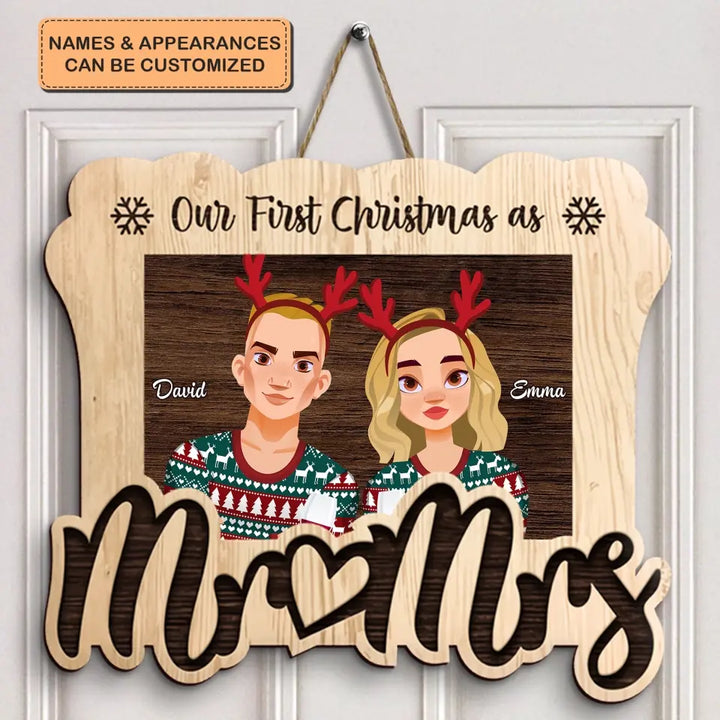 Our First Christmas As Mr & Mrs - Personalized Custom Door Sign - Christmas Gift For Couple, Wife, Husband