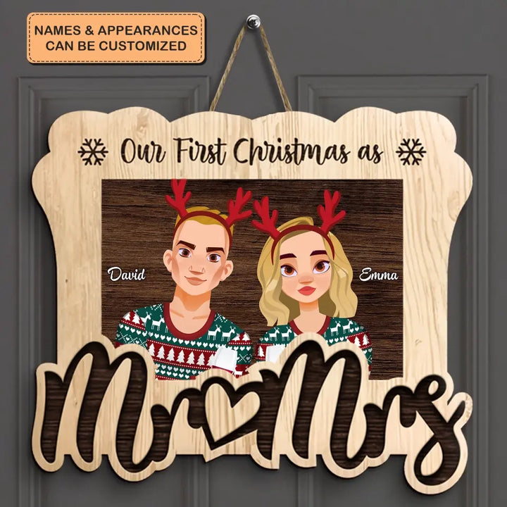 Our First Christmas As Mr & Mrs - Personalized Custom Door Sign - Christmas Gift For Couple, Wife, Husband