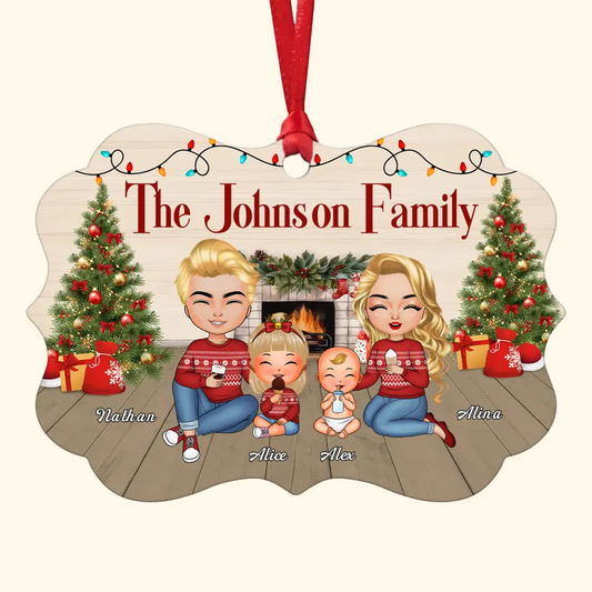 Family Sitting At Fireplace - Personalized Custom Aluminium Ornament - Christmas Gift Family Members