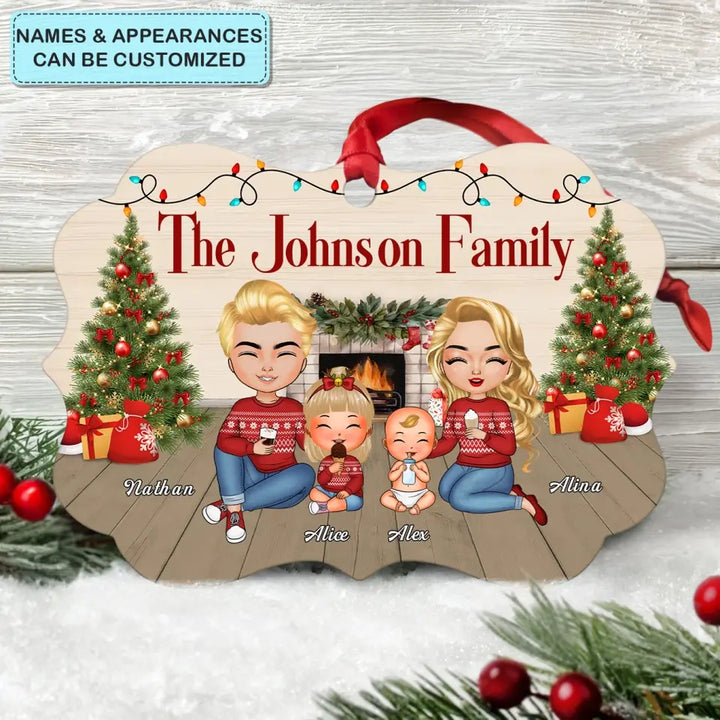 Family Sitting At Fireplace - Personalized Custom Aluminium Ornament - Christmas Gift Family Members