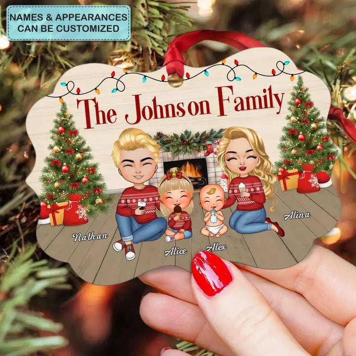Family Sitting At Fireplace - Personalized Custom Aluminium Ornament - Christmas Gift Family Members