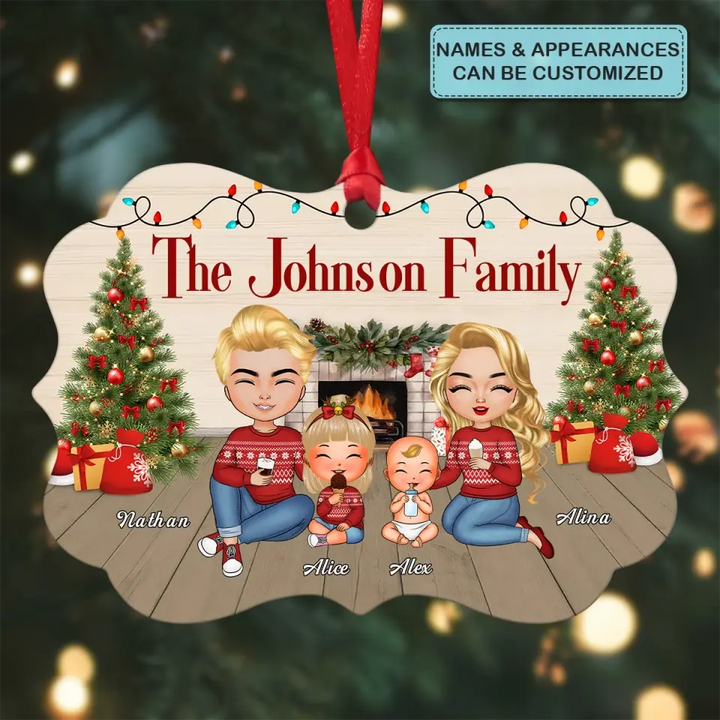Family Sitting At Fireplace - Personalized Custom Aluminium Ornament - Christmas Gift Family Members