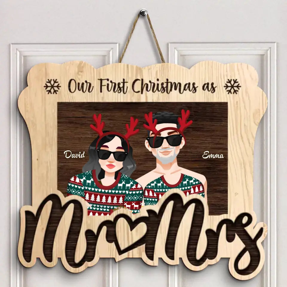 Our First Christmas As Mr & Mrs - Personalized Custom Door Sign - Christmas Gift For Couple, Wife, Husband