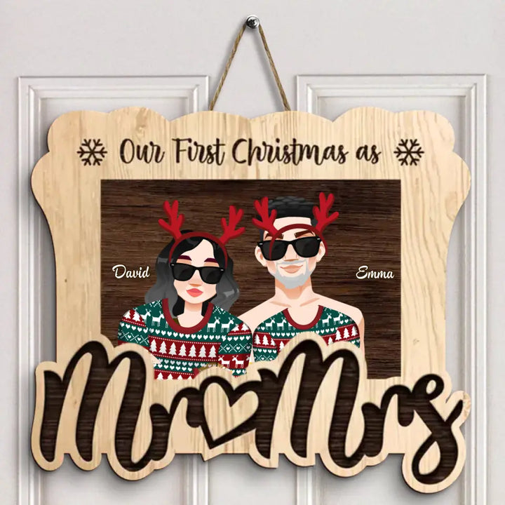 Our First Christmas As Mr & Mrs - Personalized Custom Door Sign - Christmas Gift For Couple, Wife, Husband