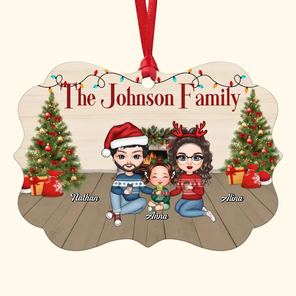 Family Sitting At Fireplace - Personalized Custom Aluminium Ornament - Christmas Gift Family Members