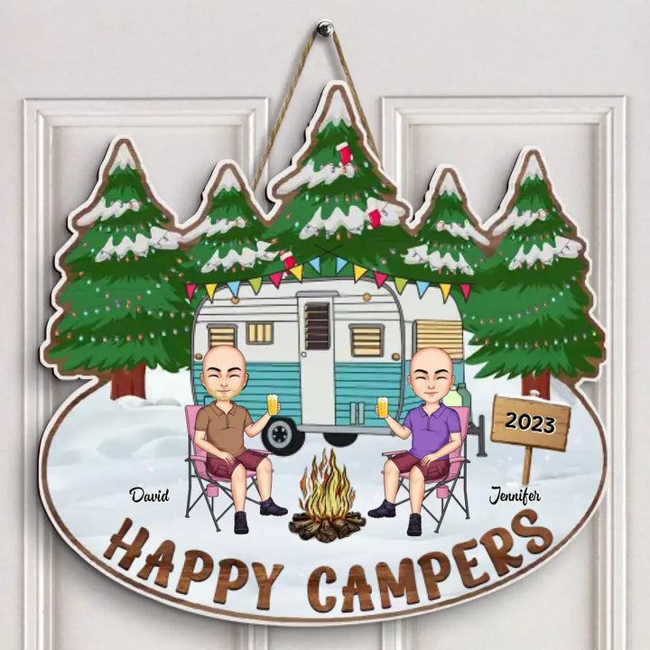Happy Campers Christmas - Personalized Custom Door Sign - Christmas Gift For Couple, Camping Lover