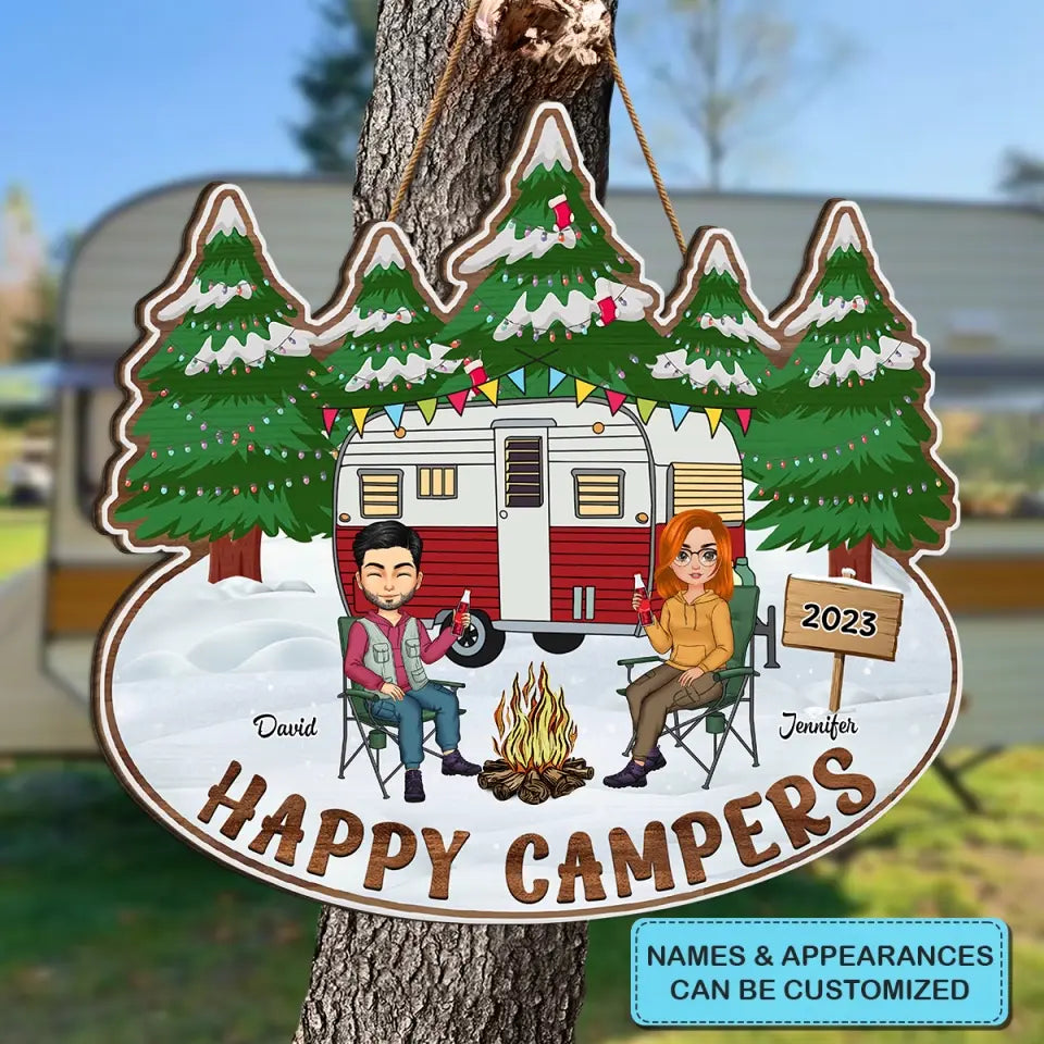 Happy Campers Christmas - Personalized Custom Door Sign - Christmas Gift For Couple, Camping Lover