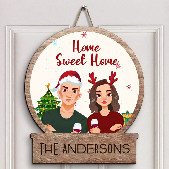Home Sweet Home - Personalized Custom Door Sign - Christmas Gift For Couple, Wife, Husband