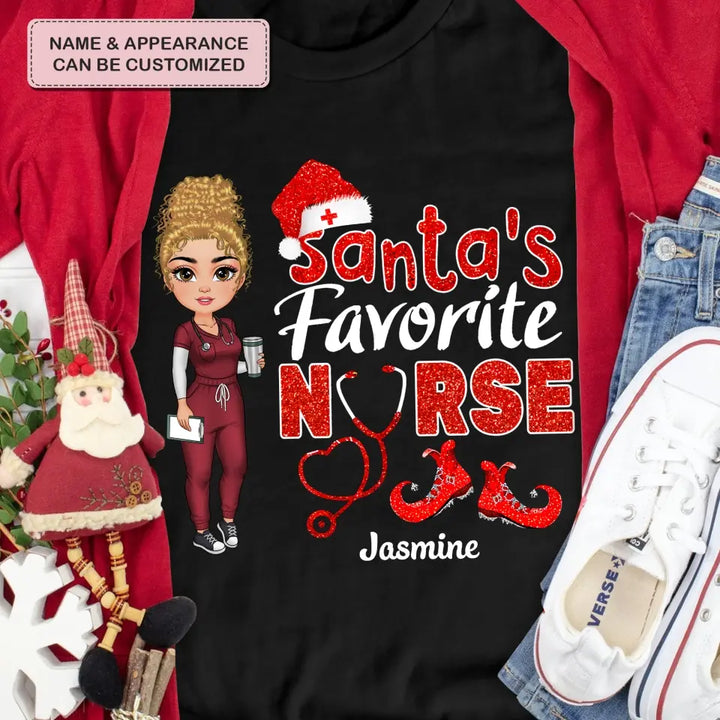 Santa's Favorite Nurse - Personalized Custom T-shirt - Nurse's Day, Appreciation, Christmas Gift For Nurse