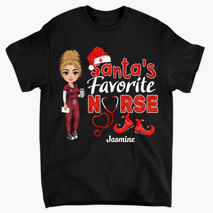 Santa's Favorite Nurse - Personalized Custom T-shirt - Nurse's Day, Appreciation, Christmas Gift For Nurse