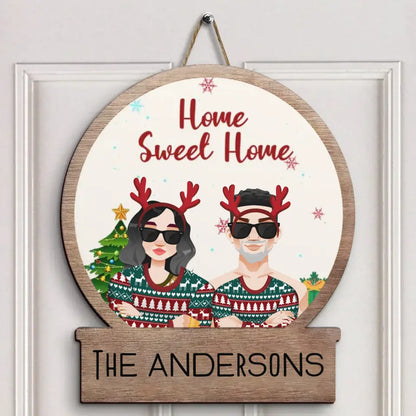 Home Sweet Home - Personalized Custom Door Sign - Christmas Gift For Couple, Wife, Husband