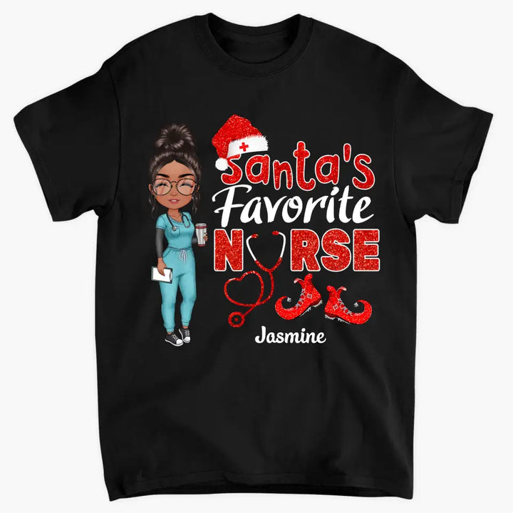 Santa's Favorite Nurse - Personalized Custom T-shirt - Nurse's Day, Appreciation, Christmas Gift For Nurse