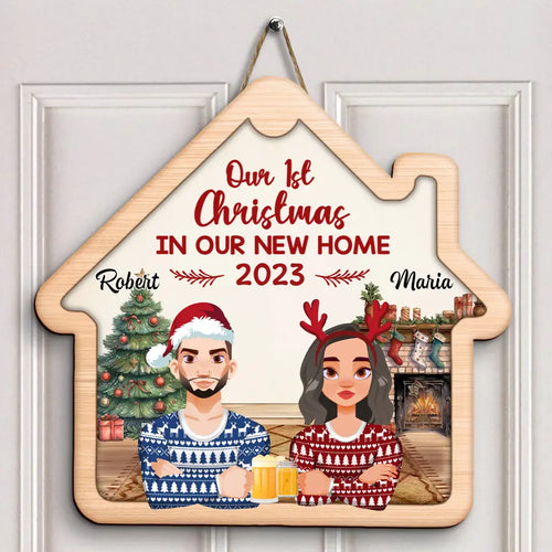 Our First Christmas In Our New Home - Personalized Custom Door Sign - Christmas Gift For Couple, Wife, Husband