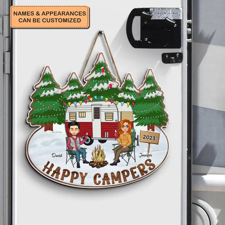 Happy Campers Christmas - Personalized Custom Door Sign - Christmas Gift For Couple, Camping Lover