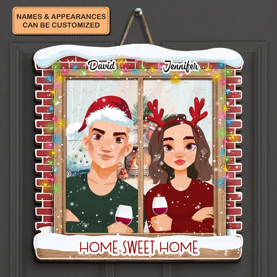 Home Sweet Home - Personalized Custom Door Sign - Christmas Gift For Couple