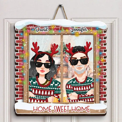 Home Sweet Home - Personalized Custom Door Sign - Christmas Gift For Couple