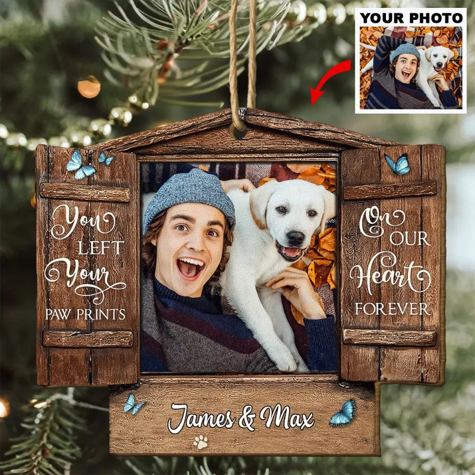 You Left Your Pawprints On Our Heart Forever - Personalized Custom Wood Ornament - Christmas, Memorial Gift For Pet Mom, Pet Dad, Pet Lover, Pet Owner