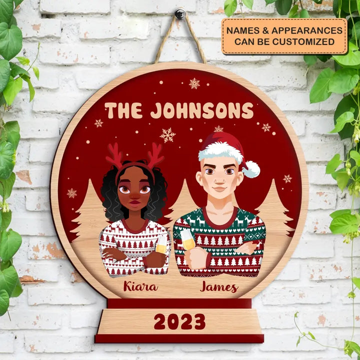 Family In Snow Globe - Personalized Custom Door Sign - Christmas Gift For Couple, Wife, Husband