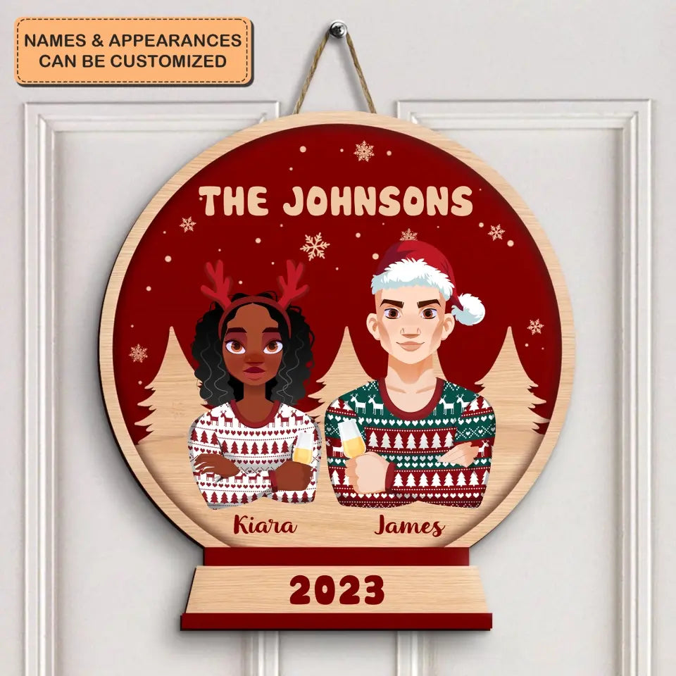 Family In Snow Globe - Personalized Custom Door Sign - Christmas Gift For Couple, Wife, Husband