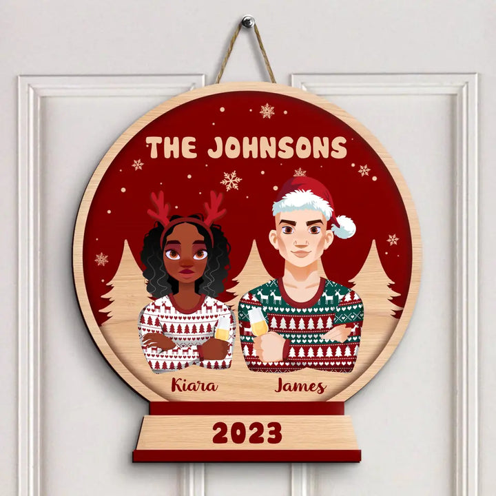 Family In Snow Globe - Personalized Custom Door Sign - Christmas Gift For Couple, Wife, Husband