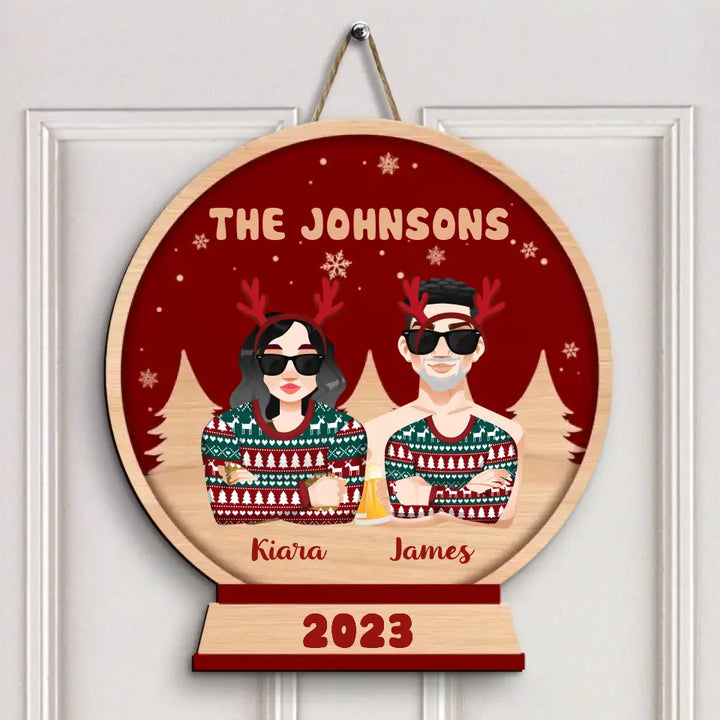 Family In Snow Globe - Personalized Custom Door Sign - Christmas Gift For Couple, Wife, Husband