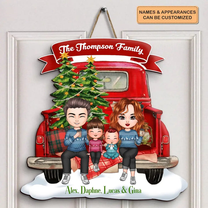Family On Christmas Truck - Personalized Custom Door Sign - Christmas Gift For Mom, Dad, Family Member