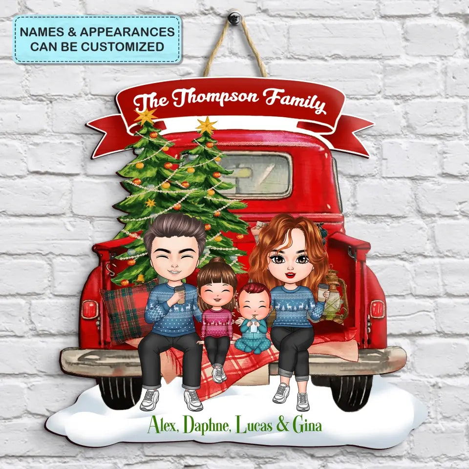 Family On Christmas Truck - Personalized Custom Door Sign - Christmas Gift For Mom, Dad, Family Member