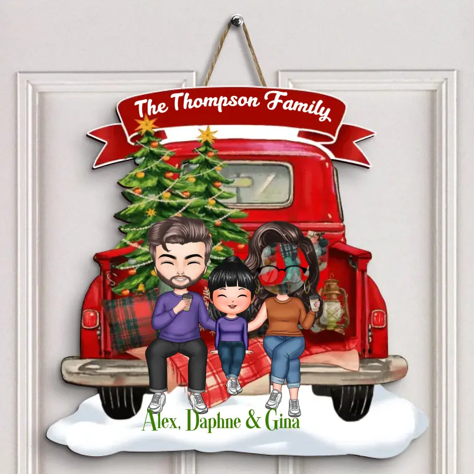 Family On Christmas Truck - Personalized Custom Door Sign - Christmas Gift For Mom, Dad, Family Member