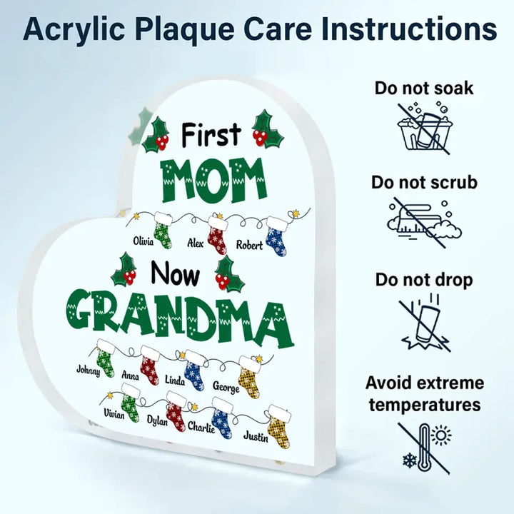 First Mom Now Grandma - Personalized Custom Heart-shaped Acrylic Plaque - Christmas Gift For Grandma, Mom, Family Members