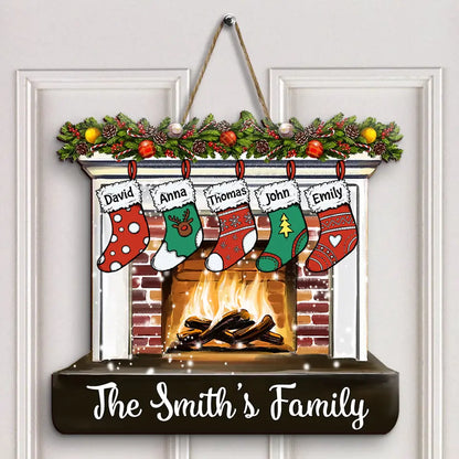 Merry Christmas Fireplace - Personalized Custom Door Sign - Christmas Gift For Mom, Dad, Grandma, Grandpa, Family Members