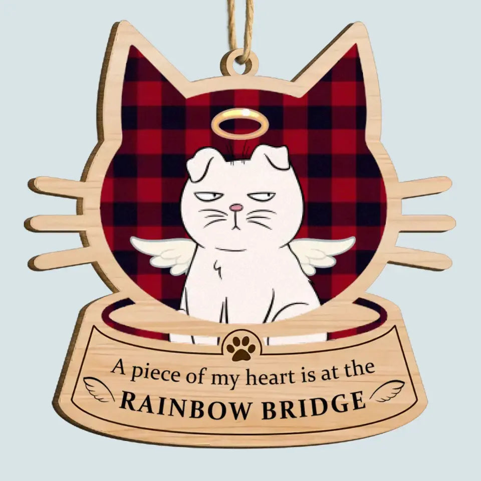A Piece Of My Hearts Is At The Rainbow Bridge - Personalized Custom Wood Ornament - Christmas, Memorial Gift For Cat Mom, Cat Dad, Cat Lover, Cat Owner