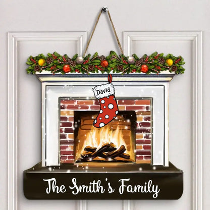 Merry Christmas Fireplace - Personalized Custom Door Sign - Christmas Gift For Mom, Dad, Grandma, Grandpa, Family Members