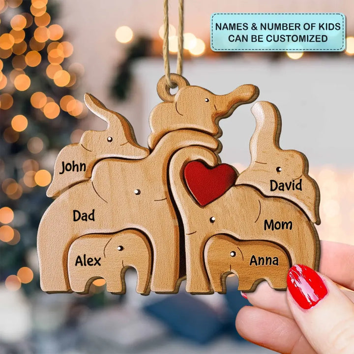 Elephant Family - Personalized Custom Wood Ornament - Christmas Gift For Family Members