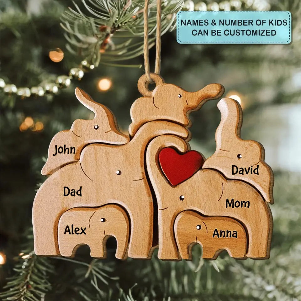 Elephant Family - Personalized Custom Wood Ornament - Christmas Gift For Family Members