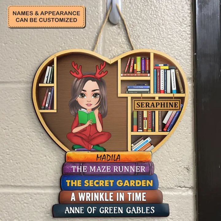 Girl Under Book Christmas Tree - Personalized Custom Door Sign - Christmas Gift For Reading Lover