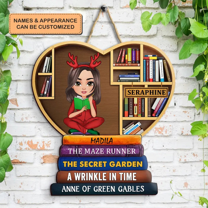 Girl Under Book Christmas Tree - Personalized Custom Door Sign - Christmas Gift For Reading Lover