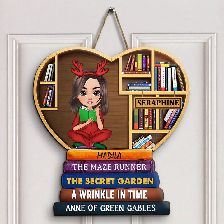 Girl Under Book Christmas Tree - Personalized Custom Door Sign - Christmas Gift For Reading Lover