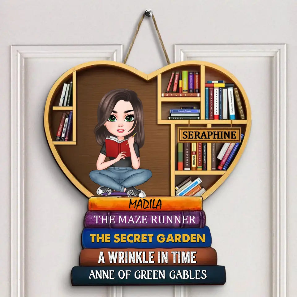 Girl Under Book Christmas Tree - Personalized Custom Door Sign - Christmas Gift For Reading Lover