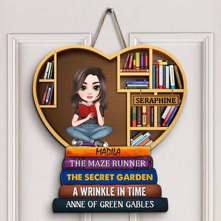 Girl Under Book Christmas Tree - Personalized Custom Door Sign - Christmas Gift For Reading Lover